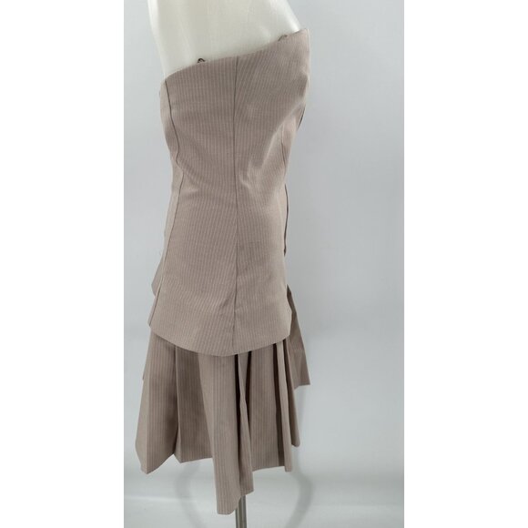ZARA Dress Strapless Tan White Pinstripe Vest Look Pleated Skirt Small - Picture 7 of 9